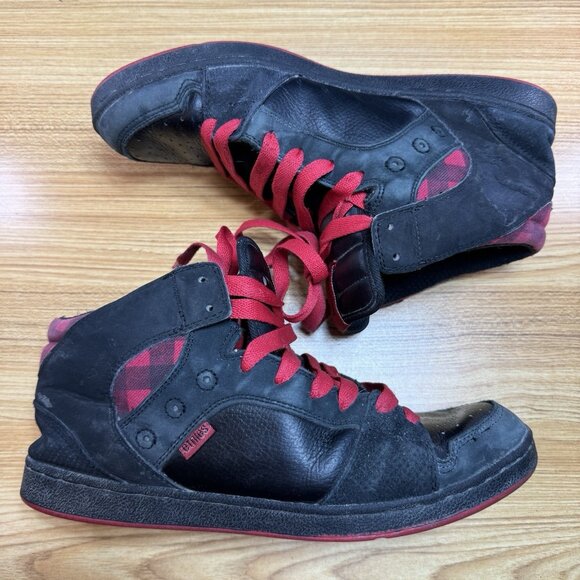 Vintage Etnies Shoes Mens US 10.5 Chunky Skater Y2K Black Red Plaid Trashed Worn - Picture 2 of 7